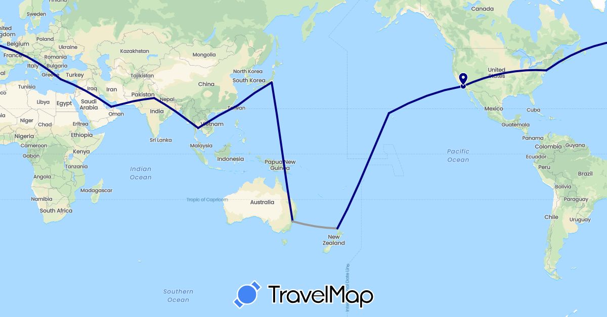 TravelMap itinerary: driving, plane in United Arab Emirates, Australia, India, Japan, New Zealand, Thailand, Turkey, Taiwan, United States (Asia, North America, Oceania)